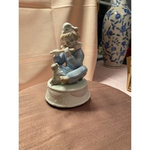 Porcelain Clown w Dog and Flute 6½" Figurine and Music Box Plays “Feelings”